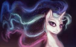 Size: 1024x633 | Tagged: safe, artist:elkaart, princess celestia, alicorn, pony, ethereal mane, female, horn, mare, multicolored mane, solo, white coat