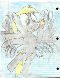 Size: 1690x2204 | Tagged: safe, artist:comedyestudios, derpy hooves, pegasus, pony, belly button, female, food, lined paper, mare, muffin, solo, traditional art