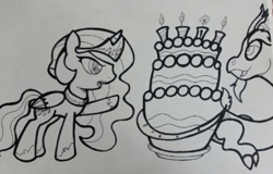 Size: 1019x653 | Tagged: safe, artist:patterndream, princess celestia, alicorn, pony, boom, cake, look out, solo