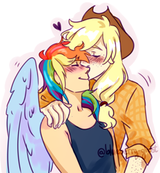 Size: 1444x1558 | Tagged: safe, artist:blueberry-ghost, derpibooru import, applejack, rainbow dash, human, appledash, applejack's hat, clothes, cowboy hat, female, freckles, hat, heart, humanized, kiss on the cheek, kissing, lesbian, shipping, winged humanization, wings