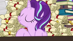 Size: 1920x1080 | Tagged: safe, screencap, starlight glimmer, pony, unicorn, a matter of principals, eyes closed, scroll, solo