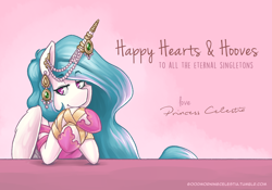 Size: 1280x897 | Tagged: safe, artist:romanrazor, princess celestia, alicorn, pony, blue-mane celestia, cute, cutelestia, ear piercing, earring, female, good morning celestia, horn jewelry, jewelry, mare, piercing, pink background, simple background, solo, valentine, valentine's day