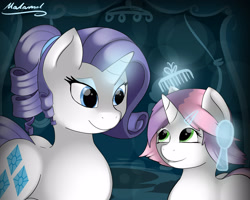 Size: 2500x2000 | Tagged: safe, artist:malamol, rarity, sweetie belle, pony, unicorn, alternate hairstyle, levitation, magic, short hair, sisters