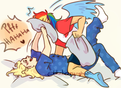 Size: 785x570 | Tagged: safe, artist:blueberry-ghost, derpibooru import, applejack, rainbow dash, human, appledash, bed, female, humanized, lesbian, pillow, pillow fight, shipping, winged humanization, wings