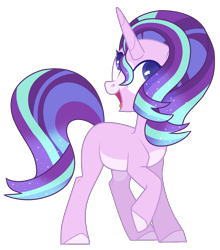 Size: 1512x1716 | Tagged: safe, artist:leanne264, starlight glimmer, pony, alternate design, blaze (coat marking), ethereal mane, female, mare, missing cutie mark, open mouth, pale belly, rainbow power, raised hoof, redesign, simple background, solo, starry mane, transparent background