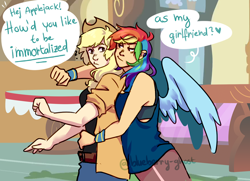 Size: 1280x927 | Tagged: safe, artist:blueberry-ghost, derpibooru import, applejack, rainbow dash, human, appledash, applejack's hat, clothes, cowboy hat, female, hat, humanized, lesbian, shipping, speech bubble, table, winged humanization, wings