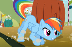 Size: 736x484 | Tagged: safe, derpibooru import, screencap, applejack, rainbow dash, earth pony, pegasus, pony, fall weather friends, animation error, freckles, solo