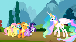 Size: 1366x768 | Tagged: safe, screencap, applejack, fluttershy, princess celestia, rainbow dash, rarity, twilight sparkle, unicorn twilight, alicorn, earth pony, pegasus, pony, unicorn, swarm of the century, crown, ethereal mane, faic, female, great moments in animation, hoof shoes, jewelry, mare, meme origin, peytral, regalia, twiface, varying degrees of want, wrong neighborhood