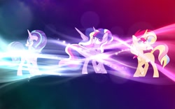 Size: 1920x1200 | Tagged: safe, artist:leanne264, editor:axal-5, starlight glimmer, sunset shimmer, twilight sparkle, twilight sparkle (alicorn), alicorn, pony, alternate design, blaze (coat marking), ethereal mane, female, mare, missing cutie mark, open mouth, rainbow power, raised hoof, redesign, starry mane, transparent background, ultimate twilight, wallpaper