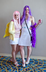 Size: 1289x2000 | Tagged: artist needed, safe, fluttershy, rarity, human, 2012, convention, cosplay, feather boa, irl, irl human, momocon, momocon 2012, photo