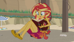 Size: 1200x675 | Tagged: safe, screencap, sunset shimmer, equestria girls, equestria girls series, forgotten friendship, animated, beach, book, clothes, feet, flip-flops, gif, kicking, legs, loop, magic book, magic skirt, open mouth, out of context, sandals, sarong, solo, summer sunset, swimsuit