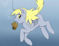 Size: 900x700 | Tagged: safe, artist:sashikuchan, derpy hooves, pegasus, pony, female, fishing, food, mare, muffin, solo, swimming, underwater, water