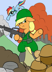 Size: 576x792 | Tagged: safe, artist:pembroke, derpibooru import, applejack, rainbow dash, earth pony, pegasus, pony, bipedal, female, gun, helmet, mare, military uniform, weapon