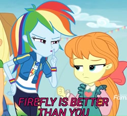 Size: 781x720 | Tagged: safe, derpibooru import, edit, edited screencap, screencap, applejack, megan williams, rainbow dash, better together, equestria girls, rollercoaster of friendship, cropped, geode of super speed, image macro, magical geodes