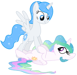 Size: 6000x5800 | Tagged: safe, artist:magister39, princess celestia, oc, oc:white flare, alicorn, pony, absurd resolution, alicorn oc, cute, eye contact, frown, ocbetes, on back, pinned, scrunchy face, simple background, spread wings, transparent background, vector, younger