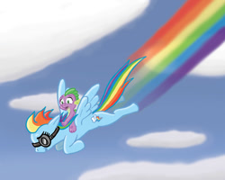 Size: 1000x800 | Tagged: artist needed, safe, derpibooru import, rainbow dash, spike, dragon, pegasus, pony, backwards cutie mark, cloud, duo, female, flying, goggles, mare, rainbow trail, riding