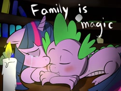 Size: 1024x768 | Tagged: safe, artist:zouyugi, derpibooru import, spike, twilight sparkle, dragon, candle, crying, kissing, night, sleeping, spikelove