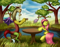 Size: 2100x1650 | Tagged: safe, artist:grennadder, discord, fluttershy, pegasus, pony, discoshy, female, friendship, male, pond, shipping, smiling, stool, straight, table, tea, teacup, teapot, tree