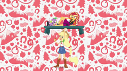 Size: 1920x1080 | Tagged: safe, screencap, applejack, spike, spike the regular dog, sunset shimmer, dog, better together, equestria girls, bench, intro, lift, ponied up, pony ears, strength, super strength