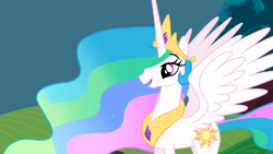 Size: 1366x768 | Tagged: safe, screencap, princess celestia, alicorn, pony, swarm of the century, cute, cutelestia, female, jewelry, mare, open mouth, peytral, regalia, smiling, solo, spread wings, wings