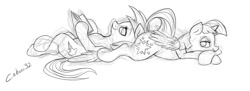 Size: 900x329 | Tagged: safe, artist:caboni32, derpibooru import, rainbow dash, twilight sparkle, twilight sparkle (alicorn), alicorn, pegasus, pony, bedroom eyes, book, butt pillow, female, hoof hold, lesbian, looking back, mare, monochrome, on back, prone, reading, shipping, sketch, smiling, twidash