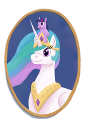 Size: 1742x2500 | Tagged: safe, artist:stormcrow-42, princess celestia, twilight sparkle, alicorn, pony, bust, filly, filly twilight sparkle, momlestia, pony hat, portrait, size difference, smol