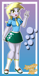 Size: 2096x4000 | Tagged: safe, artist:danmakuman, derpy hooves, equestria girls, absurd resolution, clothes, cute, derpabetes, legs, necktie, peace sign, sandals, shirt, skirt, skirt pull, socks, socks with sandals, solo