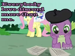 Size: 428x320 | Tagged: safe, edit, edited screencap, screencap, angel bunny, fluttershy, opalescence, spike, dragon, pegasus, pony, testing testing 1-2-3, caption, drama, drama bait, op is trying to start shit, sad, spike drama