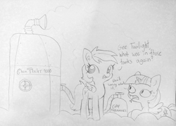 Size: 1829x1307 | Tagged: safe, artist:tjpones, derpibooru import, rainbow dash, twilight sparkle, twilight sparkle (alicorn), alicorn, pegasus, pony, chemtrails, cloud, conspiracy, conspiracy theory, dialogue, duo, female, forked tongue, gas, lineart, lizard pony, mare, misspelling, oblivious, open mouth, pheromones, prone, reptilian eyes, reptilians, slit eyes, sweat, traditional art