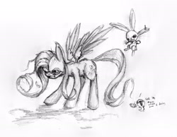 Size: 3007x2334 | Tagged: safe, artist:tungstenbulb, angel bunny, fluttershy, pegasus, pony, grayscale, monochrome, traditional art