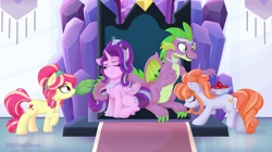 Size: 5000x2800 | Tagged: safe, artist:katakiuchi4u, spike, starlight glimmer, alicorn, crystal pony, dragon, alicornified, crown, female, gem, jewelry, older, older spike, princess starlight glimmer, race swap, regalia, shipping, smiling, sparlight, starlicorn, straight, winged spike, xk-class end-of-the-world scenario