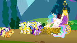 Size: 1366x768 | Tagged: safe, screencap, applejack, fluttershy, princess celestia, rarity, twilight sparkle, alicorn, earth pony, pegasus, pony, unicorn, swarm of the century, lidded eyes, royal guard