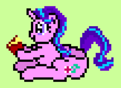 Size: 694x506 | Tagged: safe, artist:thekman100, starlight glimmer, pony, 8-bit, book, green background, half, modular, pixel art, plot, reading, simple background, sprite