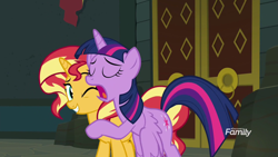 Size: 1920x1080 | Tagged: safe, screencap, sunset shimmer, twilight sparkle, twilight sparkle (alicorn), alicorn, pony, better together, equestria girls, forgotten friendship, animation error, discovery family logo, out of context