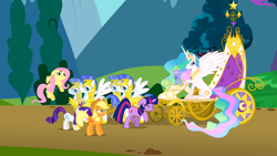 Size: 1366x768 | Tagged: safe, screencap, applejack, fluttershy, princess celestia, rarity, twilight sparkle, alicorn, earth pony, pegasus, pony, unicorn, swarm of the century, royal guard