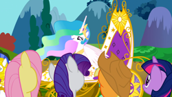 Size: 1366x768 | Tagged: safe, screencap, applejack, fluttershy, princess celestia, rarity, twilight sparkle, alicorn, earth pony, pegasus, pony, unicorn, swarm of the century, royal guard