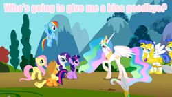 Size: 800x450 | Tagged: safe, applejack, fluttershy, princess celestia, rainbow dash, rarity, twilight sparkle, alicorn, earth pony, pegasus, pony, unicorn, swarm of the century, image macro, meme, momlestia, pink text, royal guard