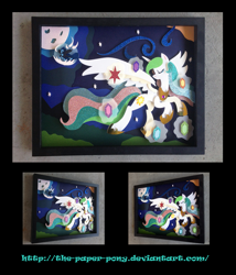 Size: 1061x1240 | Tagged: safe, artist:the-paper-pony, nightmare moon, princess celestia, alicorn, pony, elements of harmony, moon, patreon, shadowbox