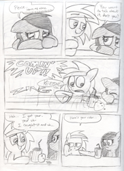 Size: 2550x3510 | Tagged: safe, artist:normalevan, pinkie pie, oc, earth pony, pony, cider, comic, monochrome, pinkamena diane pie, straw, sulking, traditional art