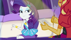 Size: 1280x720 | Tagged: safe, screencap, rarity, sunset shimmer, better together, driving miss shimmer, driving miss shimmer: rarity, equestria girls, bracelet, cute, jewelry, limousine, notepad, pencil, raribetes