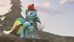 Size: 1920x1080 | Tagged: safe, artist:fd-daylight, derpibooru import, rainbow dash, pegasus, pony, 3d, clothes, dress, gala dress, missing accessory, necklace, solo, source filmmaker, tree