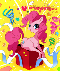 Size: 520x619 | Tagged: safe, artist:pasikon, pinkie pie, earth pony, pony, pixiv, present, solo, surprise motherfucker