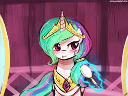 Size: 960x720 | Tagged: safe, artist:lumineko, princess celestia, alicorn, pony, 30 minute art challenge, :p, alternate hairstyle, blushing, brush, brushing, cute, cutelestia, female, magic, mare, ponytail, smiling, solo, telekinesis, tongue out