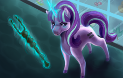 Size: 1600x1018 | Tagged: safe, artist:oracionne, starlight glimmer, pony, unicorn, the cutie map, antagonist, cutie mark vault, equal cutie mark, female, glowing horn, magic, mare, s5 starlight, solo, staff, staff of sameness, telekinesis, tongue out