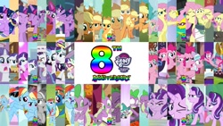 Size: 1191x670 | Tagged: safe, artist:hendro107, applejack, fluttershy, pinkie pie, rainbow dash, rarity, saddle rager, spike, starlight glimmer, twilight sparkle, twilight sparkle (alicorn), alicorn, dragon, earth pony, pegasus, pony, unicorn, alternate hairstyle, anniversary, ballerina, book, golden oaks library, happy birthday mlp:fim, mane six, mlp fim's eighth anniversary, power ponies, punk, raripunk, star swirl the bearded costume, sunglasses, tutu, twilarina, yovidaphone