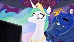 Size: 1280x723 | Tagged: safe, artist:emberdim, princess celestia, princess luna, alicorn, pony, computer, scrunchy face