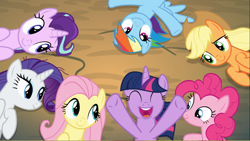 Size: 1547x872 | Tagged: safe, screencap, applejack, fluttershy, pinkie pie, rainbow dash, rarity, spike, starlight glimmer, sunset shimmer, twilight sparkle, twilight sparkle (alicorn), alicorn, dragon, earth pony, pegasus, pony, unicorn, the mean 6, alternate mane seven, cute, dashabetes, diapinkes, eyes closed, female, glimmerbetes, happy, hnnng, hooves in air, jackabetes, lying down, mane seven, mane six, mare, on back, open mouth, raribetes, shyabetes, smiling, twiabetes, underhoof