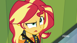 Size: 1920x1080 | Tagged: safe, screencap, sunset shimmer, better together, equestria girls, forgotten friendship, discovery family, discovery family logo, lockers, puzzled, raised eyebrow