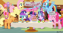 Size: 4096x2160 | Tagged: safe, artist:raindashesp, applejack, fluttershy, pinkie pie, rainbow dash, rarity, starlight glimmer, twilight sparkle, twilight sparkle (alicorn), alicorn, earth pony, pegasus, pony, unicorn, 35th anniversary, cake, food, happy birthday mlp:fim, mlp fim's eighth anniversary