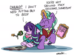 Size: 2146x1599 | Tagged: safe, artist:bobthedalek, firelight, starlight glimmer, pony, unicorn, bathrobe, blanket, caring for the sick, clothes, duo, father and child, father and daughter, fathers gonna father, female, magic, male, mare, medicine, messy mane, pajamas, parent and child, red nosed, robe, sick, simple background, spoon, stallion, telekinesis, that pony sure does love kites, white background